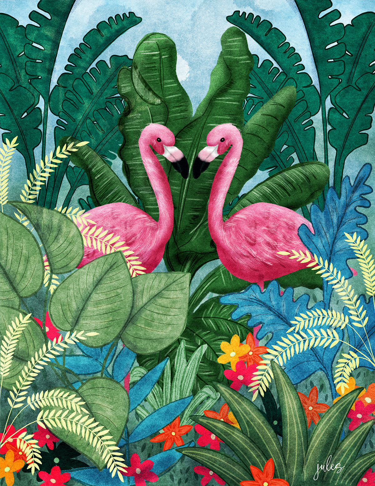 Two pink flamingos in lush tropical foliage with vibrant flowers and oversized leaves.
